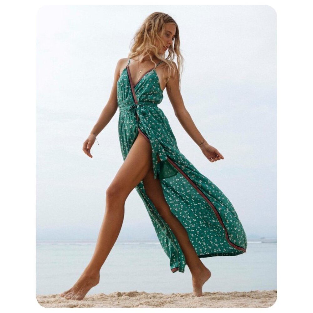 !! Billabong Soft Seas Green Emerald Bay Floral Printed Spaghetti Strap - Picture 4 of 8
